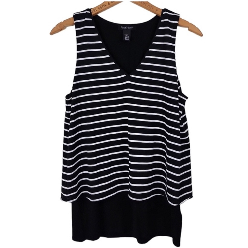 ๐ธ3/$25 WHBM V-neck Layered Black and White Striped High Lo Tank Top, Size S - Picture 5 of 15
